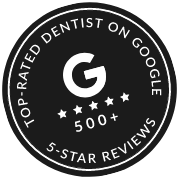 Badge that reads top rated dentist on Google over 500 5 star reviews
