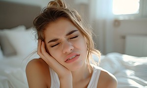 Woman cringing in pain because of her overworked jaw joints