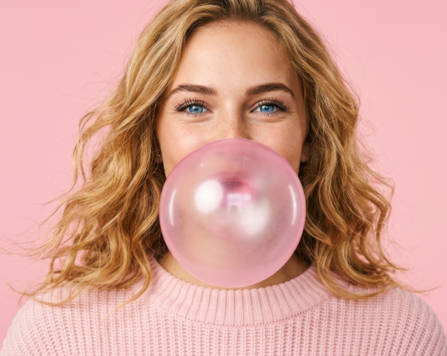 Woman in pink sweater blowing bubblegum bubble